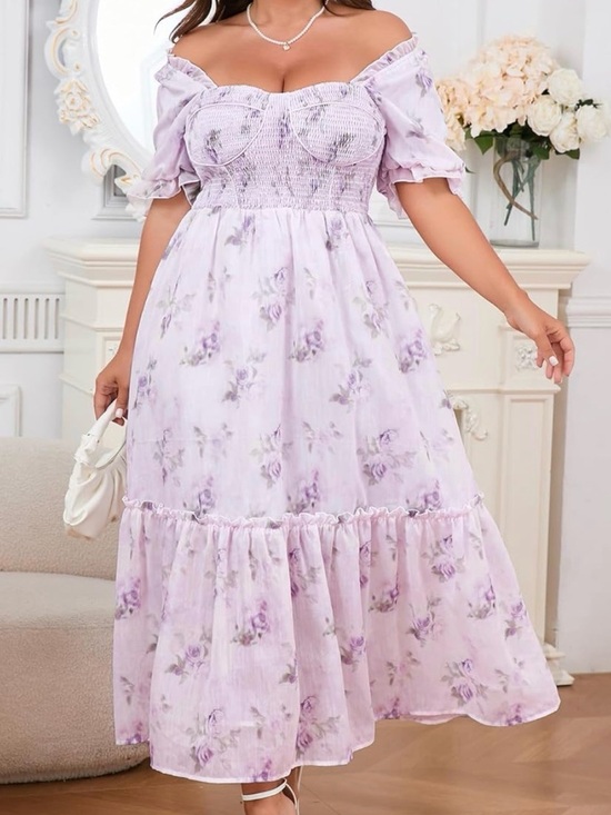 Eywol Dresses & Skirts - Whimsical Lavender Floral Off-Shoulder Maxi Dress with Smocked Bodice NWT XL